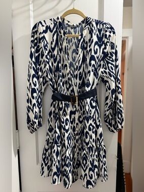 Rachel Zoe Navy and White Printed Long Sleeve Dress with Belt